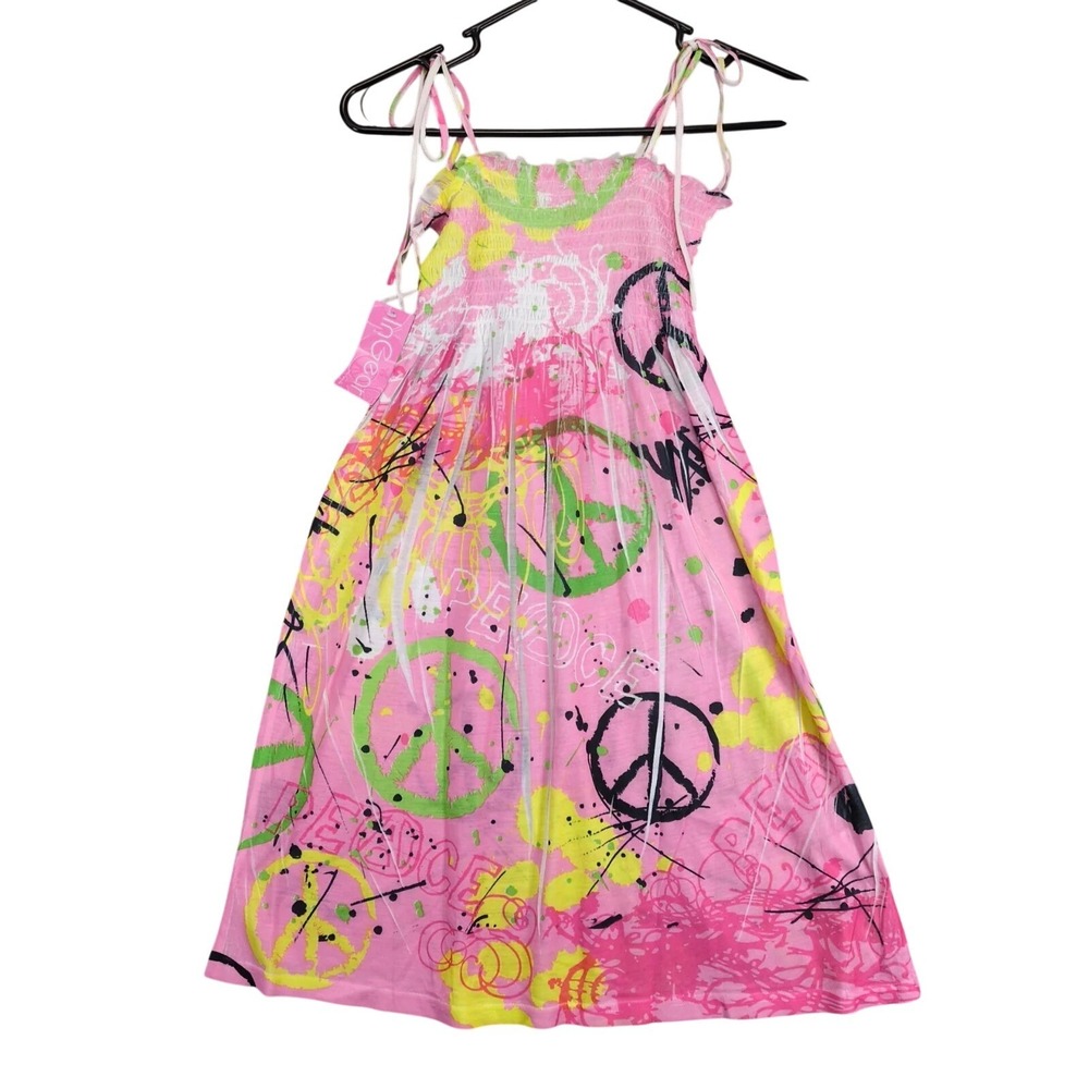 NWT InGear Pink Peace Graphic Mini Dress Sz L Smocked Tie Straps Beach Festival
